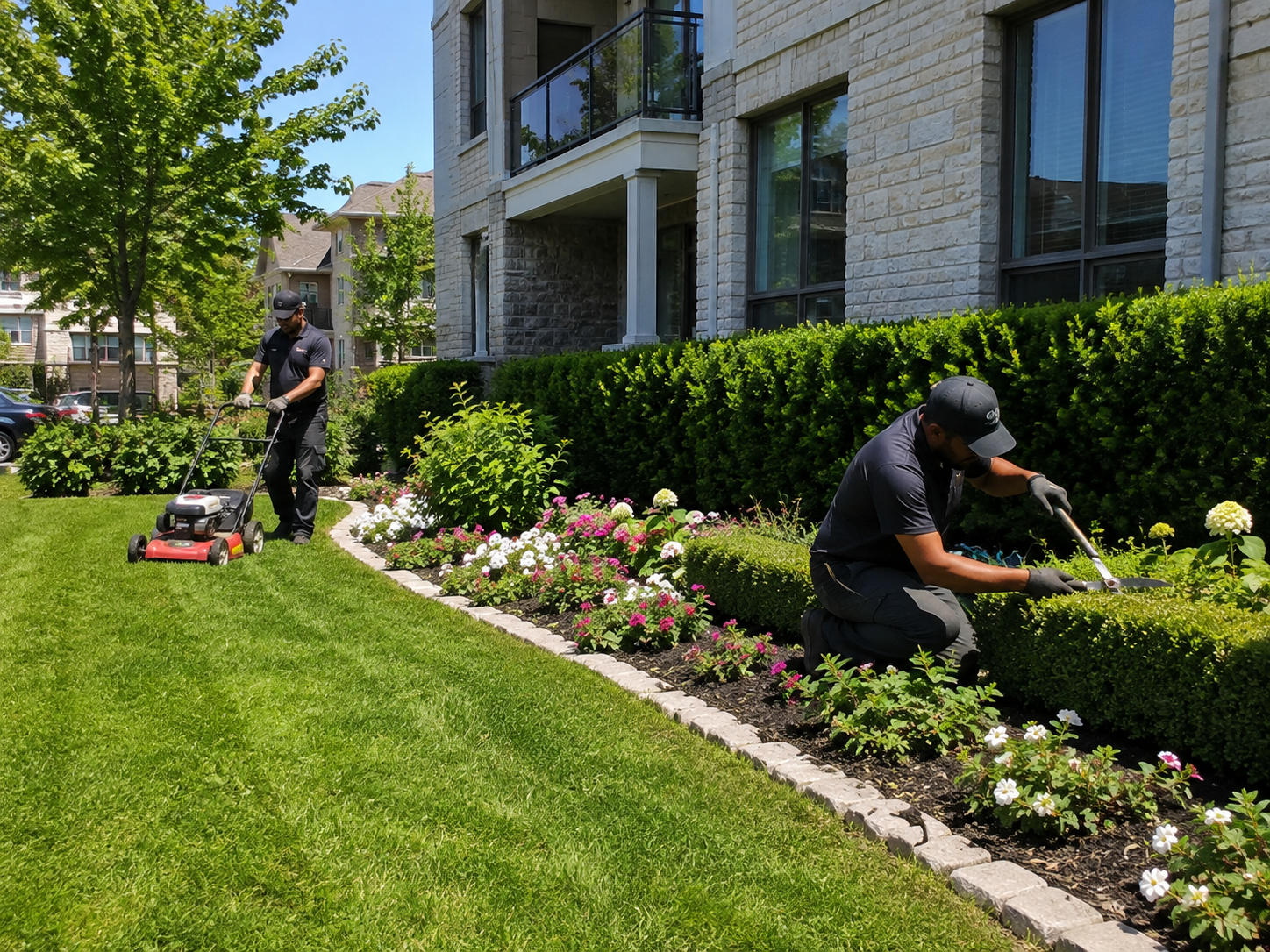 C&L landscaping team mowing the lawn and trimming hedges at a Vancouver residence